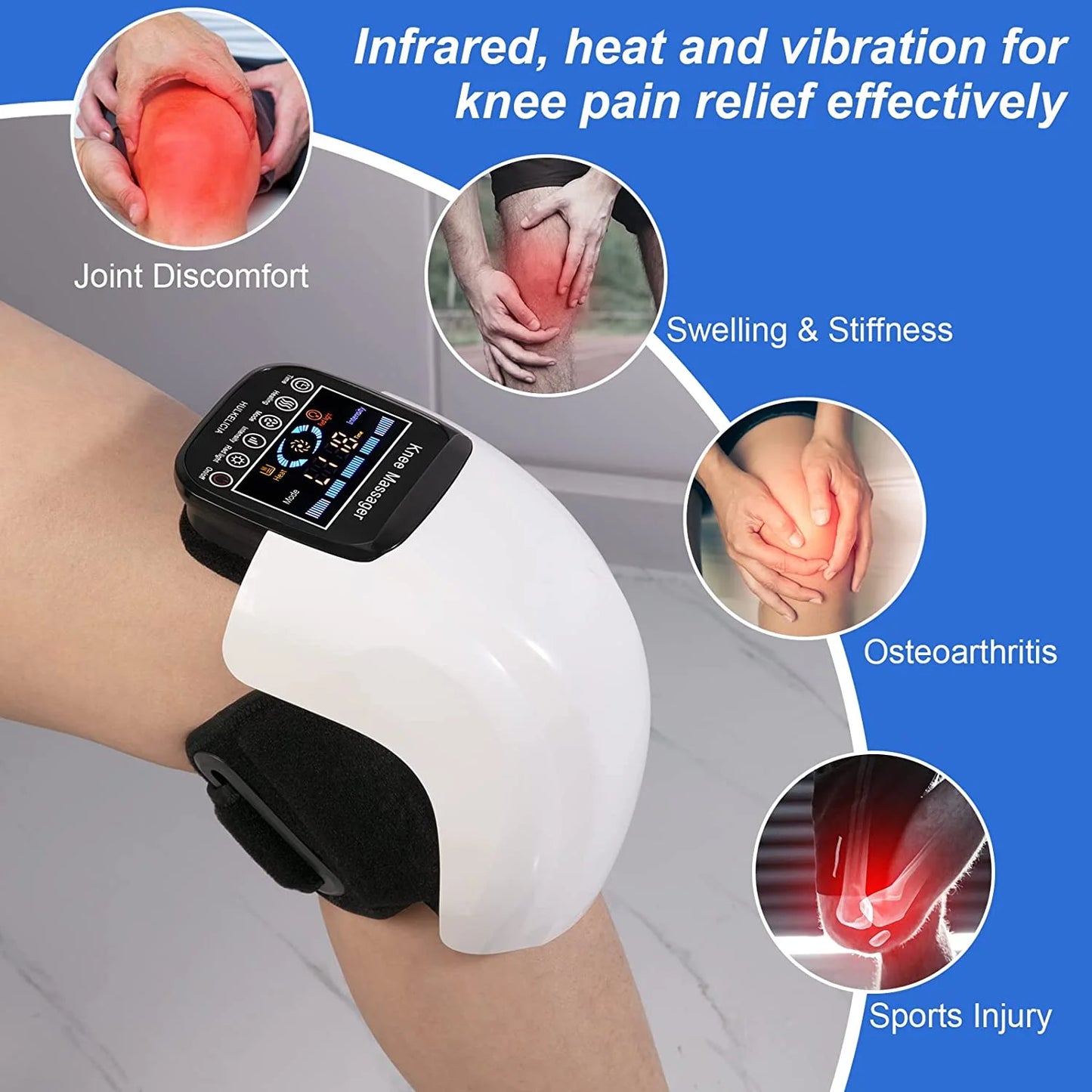 Knee Massager, Cordless Massager with Heat and Vibration Compression LED Screen, Infrared Kneading Vibration Rechargeable Electronic Massage for Joint Muscles Discomfort